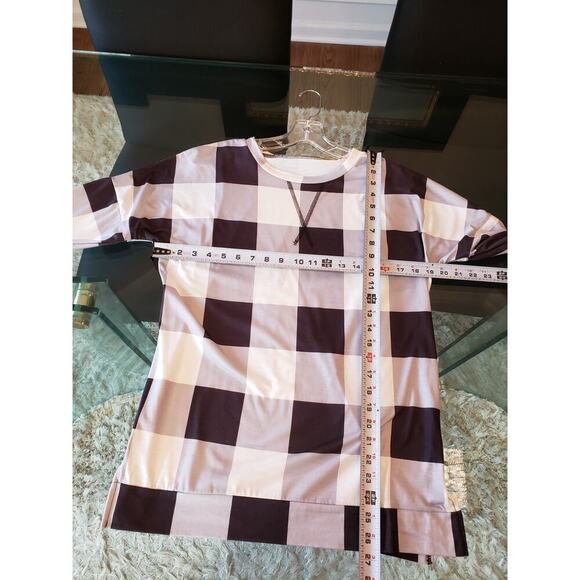 Women's Top Blouse Small Multi Buffalo Check Stretch Long Sleeve Round Neck Slit - Picture 6 of 10
